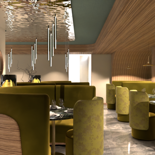 Ristorante a Soraga di Fassa: Mirage con #latermarview Interno moderno di ristorante con sedute verdi e rivestimenti in legno