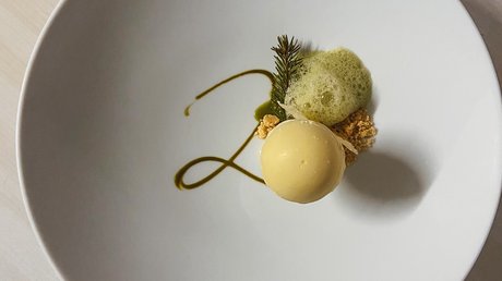 Meteo, Moena, Soraga, Latemar: tutto nella nostra gallery Dessert gourmet con mousse rotonda, decorazione verde e schiuma su piatto bianco