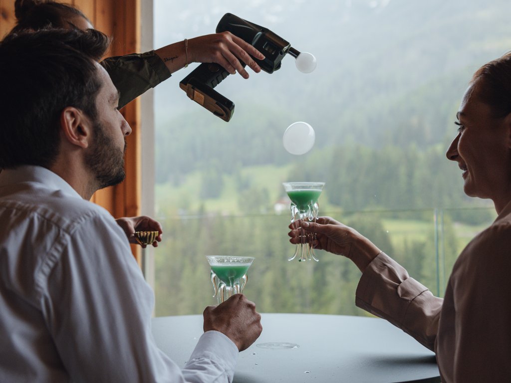 Sulla pista ciclabile, da Moena alla vostra oasi romantica Persone che brindano con cocktail verdi in una terrazza con vista montagna