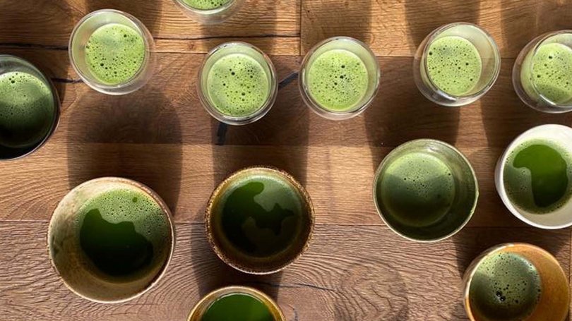 La pista ciclabile in Val di Fassa? C’è molto di più! Tavolo con varie tazze e bicchieri contenenti tè verde matcha