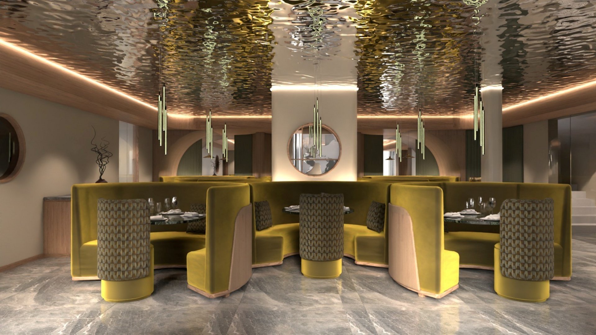 Ristorante a Soraga di Fassa: Mirage con #latermarview Area pranzo moderna con sedute verdi a forma di mezzaluna e soffitto riflettente