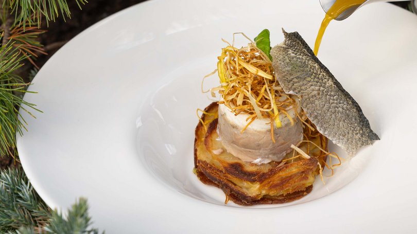 Moena, alberghi da sogno, panorama? C’è l’Hotel Latemar! Piatto gourmet con pesce, crosta croccante e salsa versata