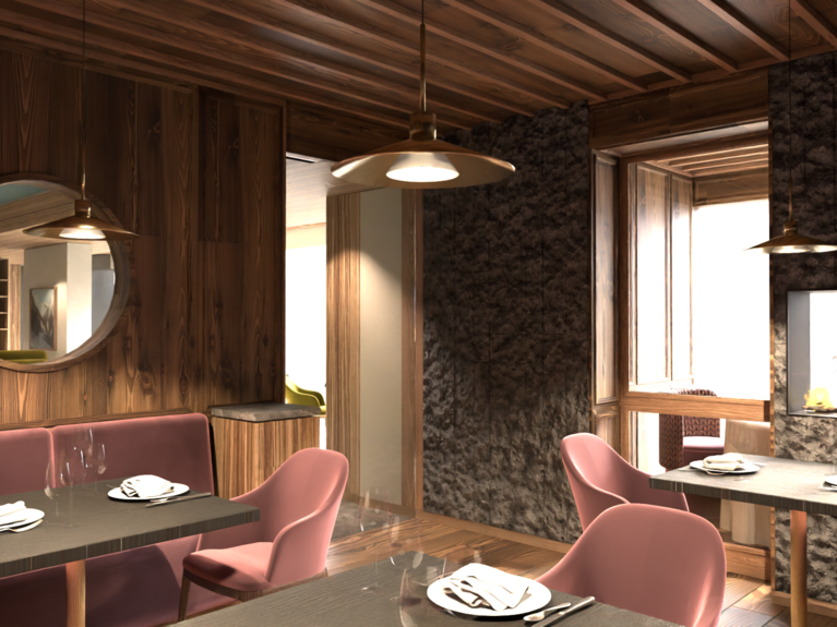 Ristorante a Soraga di Fassa: Mirage con #latermarview Interno di ristorante elegante con sedie rosa e pareti in legno
