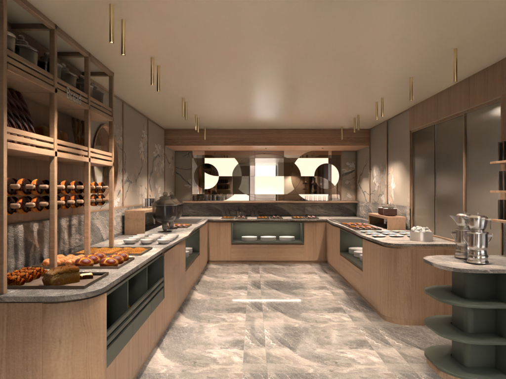 Ristorante a Soraga di Fassa: Mirage con #latermarview Buffet elegante con dolci, pane e caffè in una sala moderna