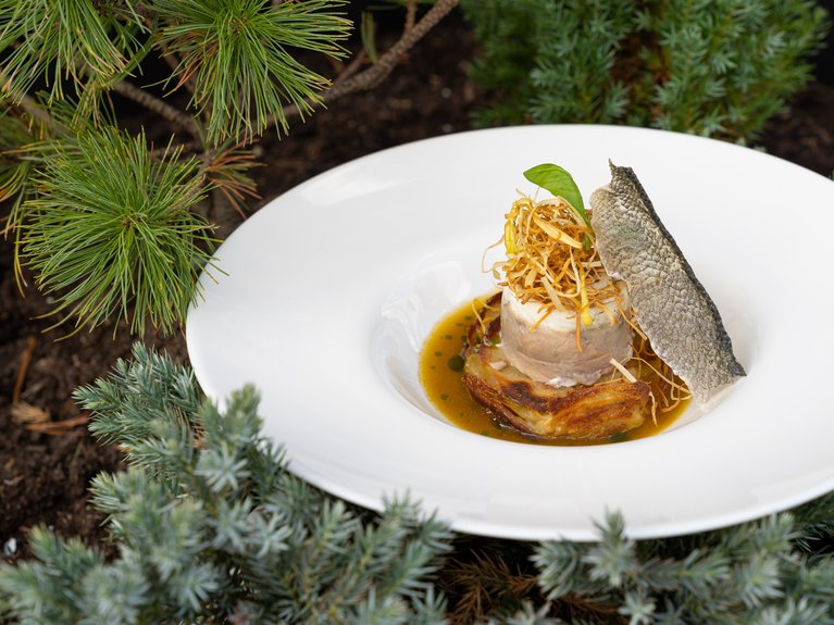 Ristorante a Soraga di Fassa: Mirage con #latermarview Piatto gourmet con filetto di pesce, crosta croccante, patate e salsa