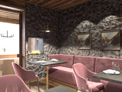 Hotel Latemar con vista sulle Dolomiti Sala da pranzo elegante con sedie rosa e pareti grigie testurizzate