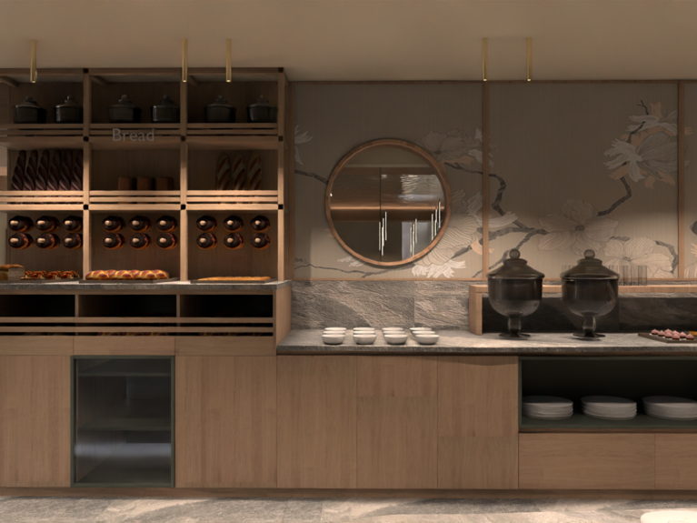 Hotel Latemar con vista sulle Dolomiti Bancone con esposizione pane, piatti e dispenser in un locale moderno decorato.