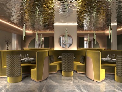 Hotel Latemar con vista sulle Dolomiti Area pranzo moderna con sedute verdi a forma di mezzaluna e soffitto riflettente