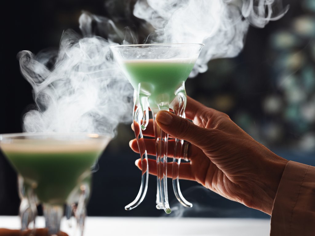 On the cycle track, from Moena to your romantic oasis Two green smoky cocktails in unique glasses held by two people